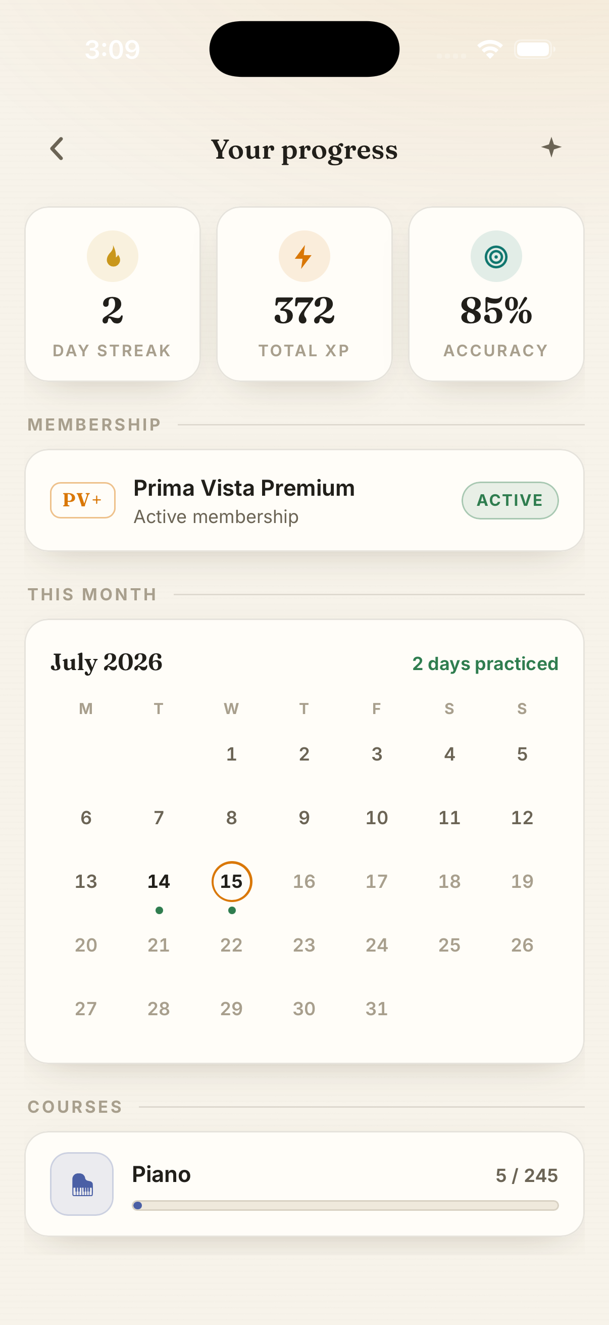 Your progress — streak, XP and practice calendar
